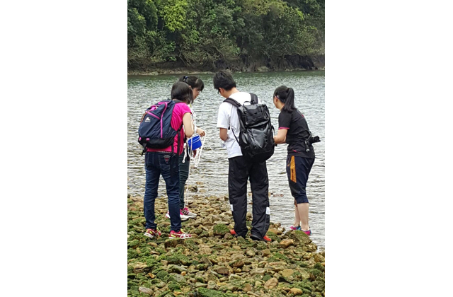 到河牀位置取水並利用儀器測量河水鹽度