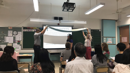 Ms Kempston demonstrates how to use props in the performance of choral speaking. Ms Kempston demonstrates how to use props in the performance of choral speaking.